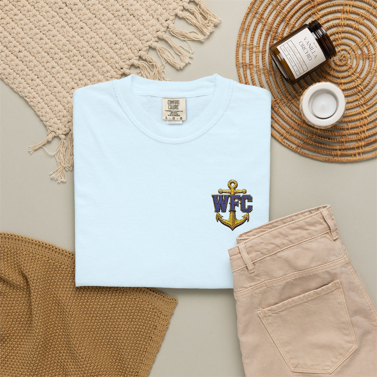 Waterfront Anchor T-Shirt — Gold & Navy Nautical Crest Pocket Tee