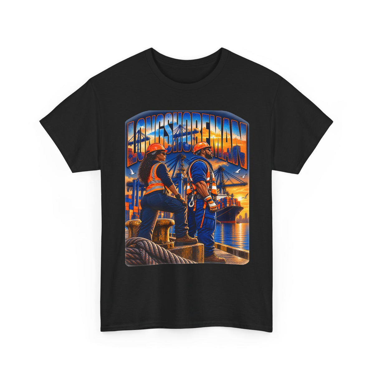 Longshoreman Firefighter Tee — Sunset Dock Rescue Graphic Shirt