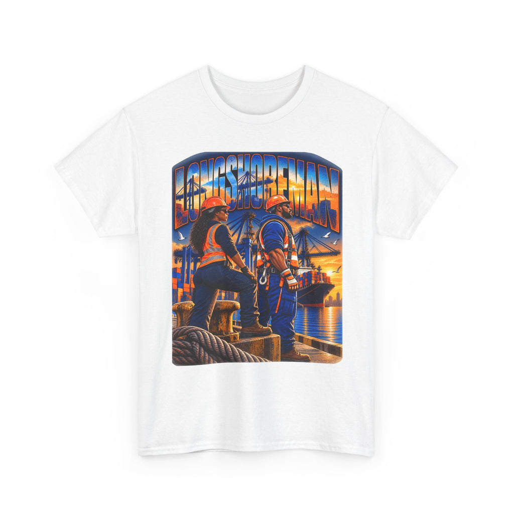 Longshoreman Firefighter Tee — Sunset Dock Rescue Graphic Shirt
