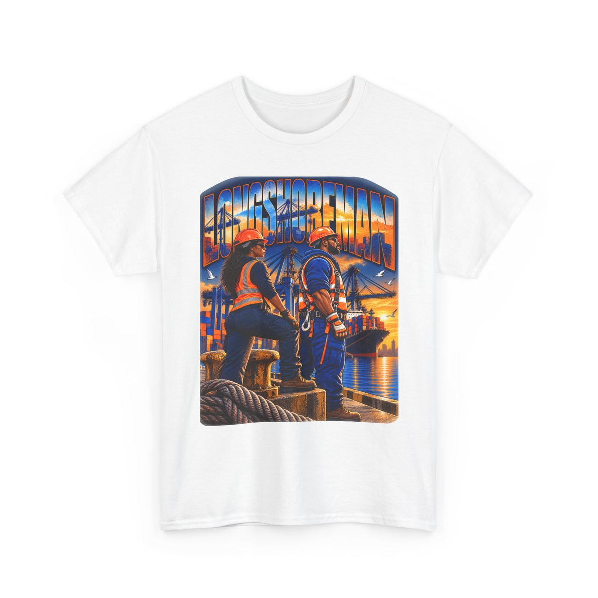 Longshoreman Firefighter Tee — Sunset Dock Rescue Graphic Shirt