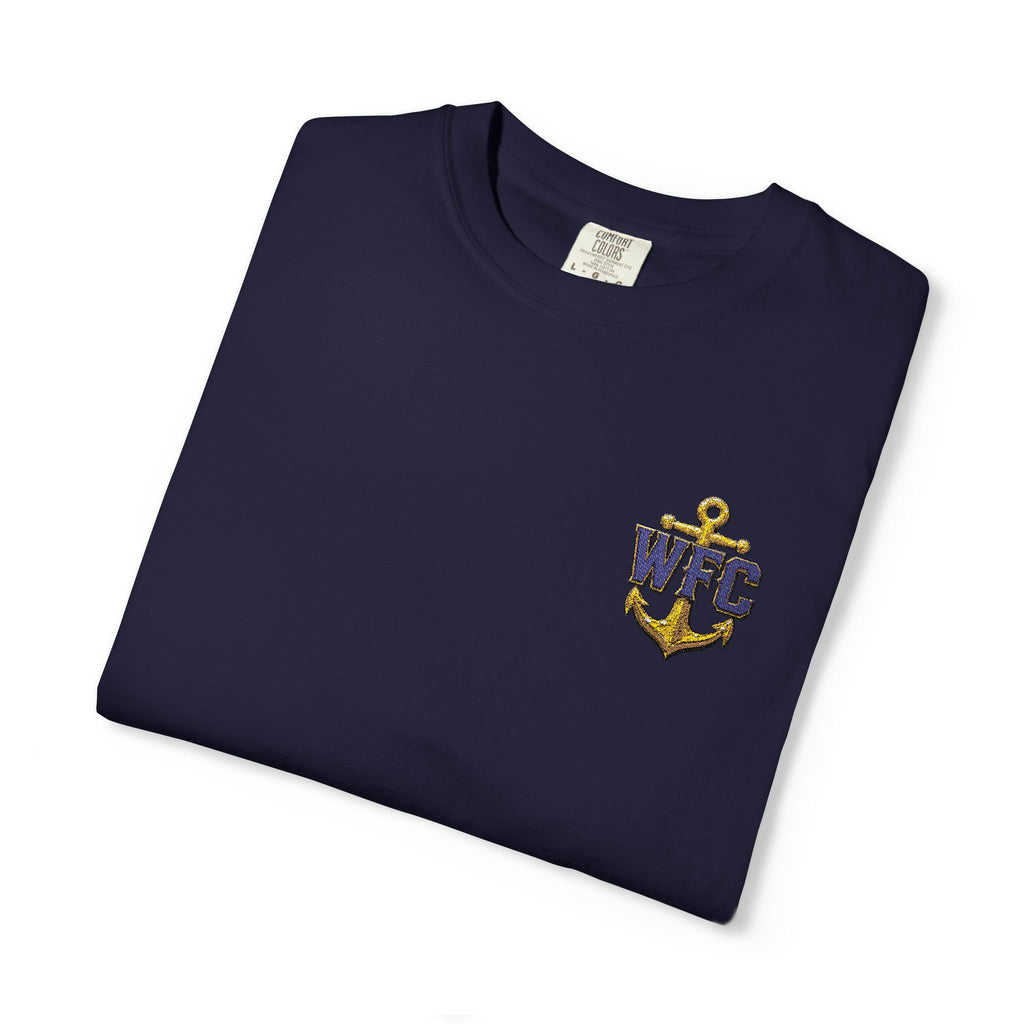 Waterfront Anchor T-Shirt — Gold & Navy Nautical Crest Pocket Tee