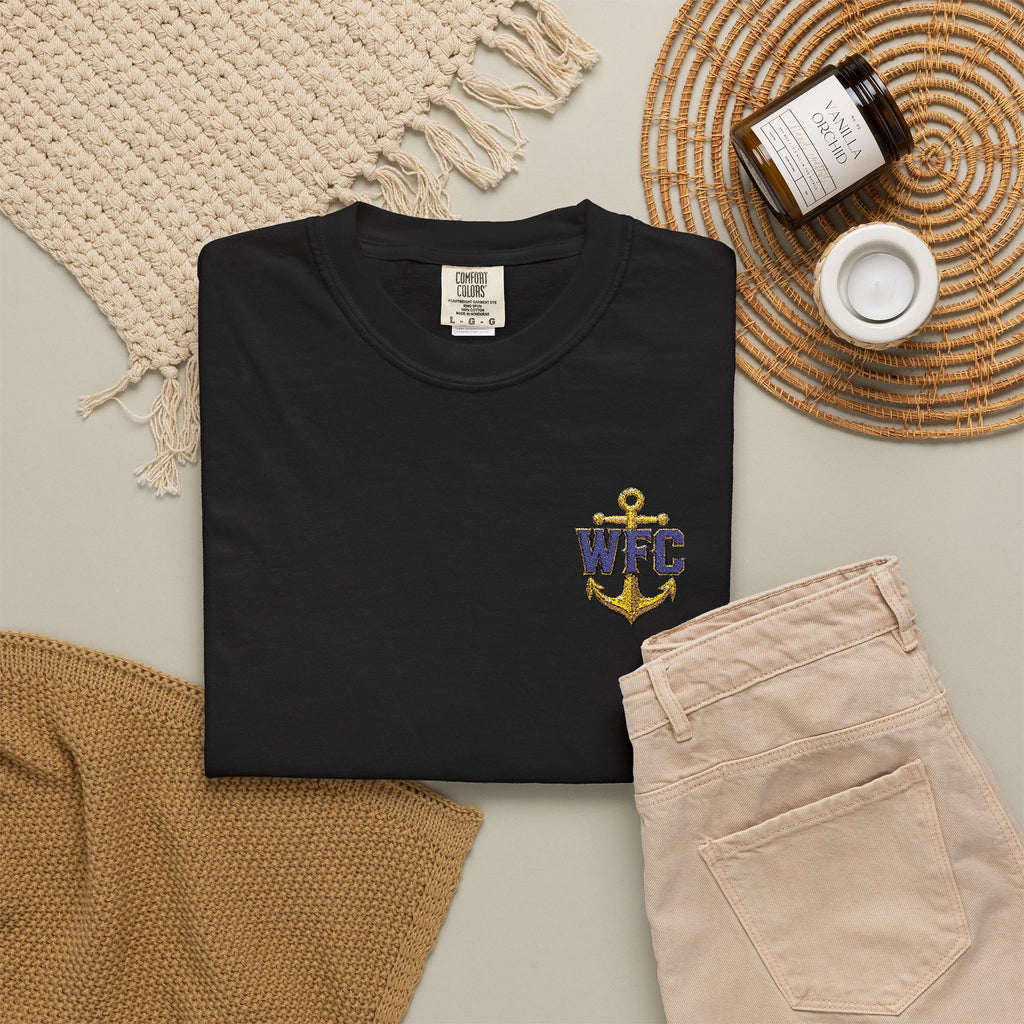 Waterfront Anchor T-Shirt — Gold & Navy Nautical Crest Pocket Tee