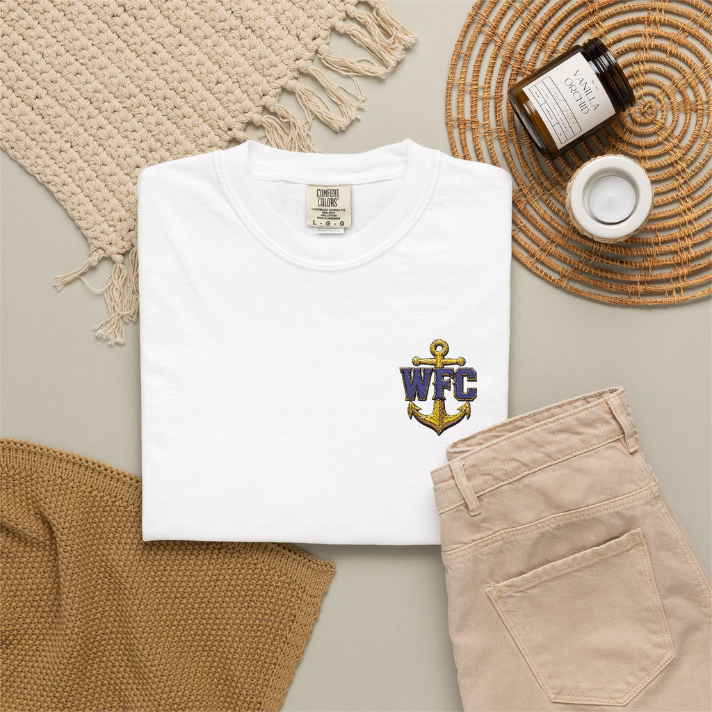 Waterfront Anchor T-Shirt — Gold & Navy Nautical Crest Pocket Tee