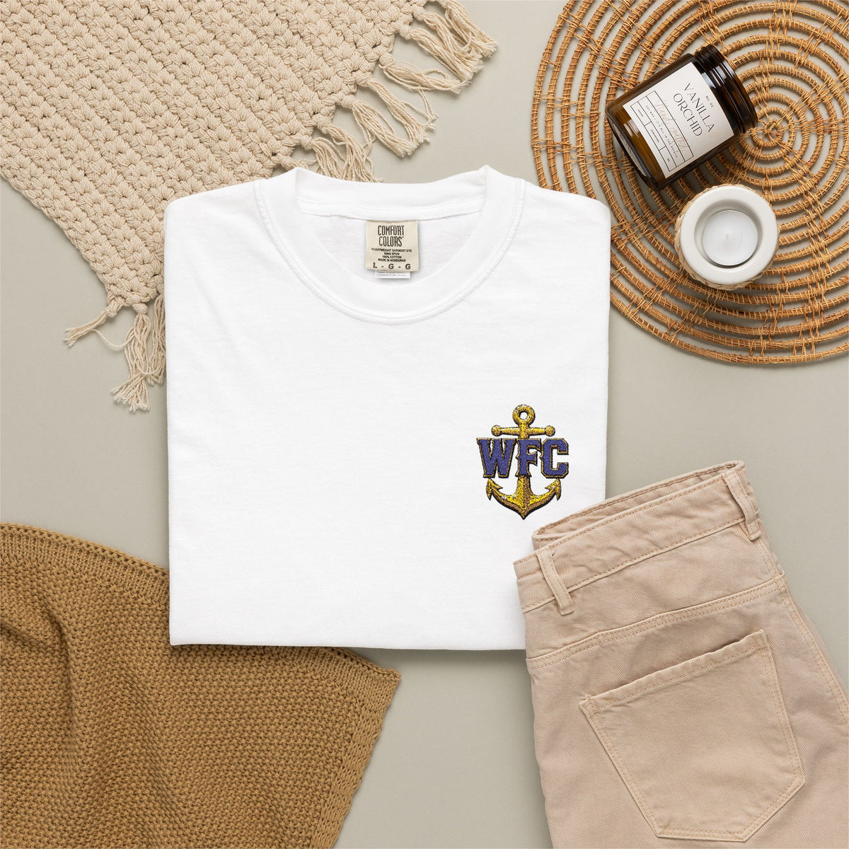 Waterfront Anchor T-Shirt — Gold & Navy Nautical Crest Pocket Tee