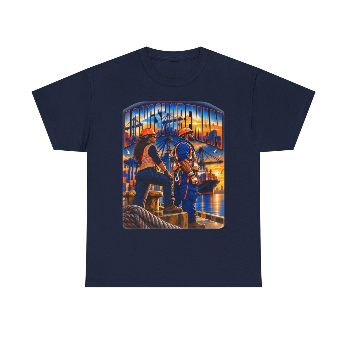 Longshoreman Firefighter Tee — Sunset Dock Rescue Graphic Shirt