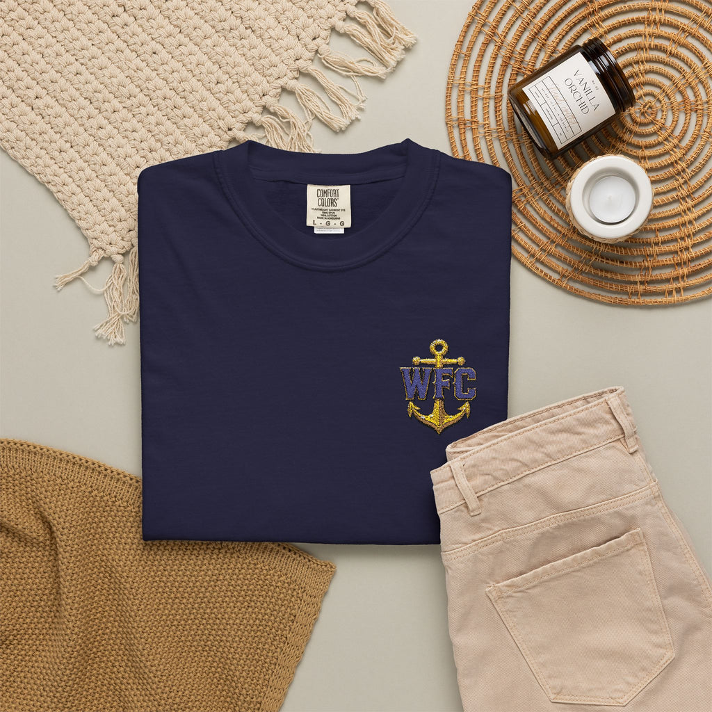 Waterfront Anchor T-Shirt — Gold & Navy Nautical Crest Pocket Tee